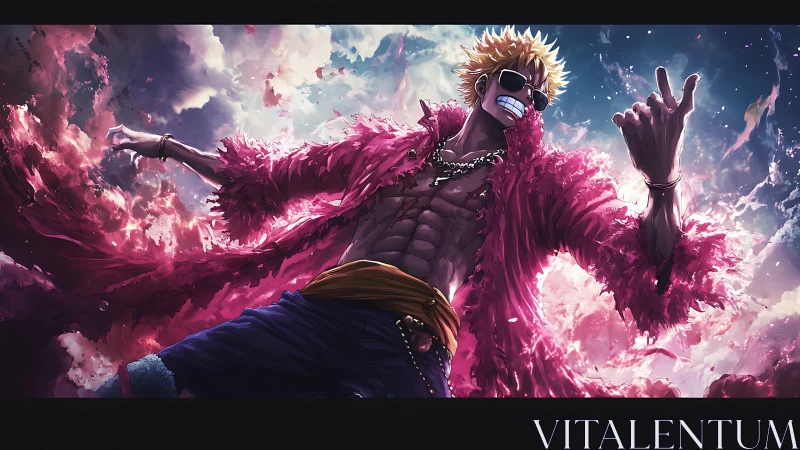 Stylized male figure in pink coat extends arms amid glowing clouds
