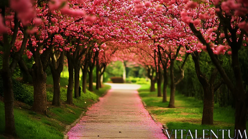 Cherry blossom tree tunnel over paved garden pathway.