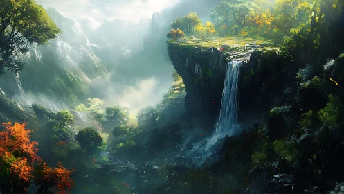 Atmospheric fantasy valley with elevated plateau waterfall