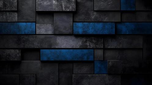 Modern dark geometric wall with blue accents, textured abstract style.