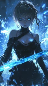 Ice-blade warrior stands in shattering blue energy storm.