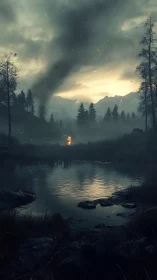 Stormy marsh sunset with distant wildfire and dark smoke plume.