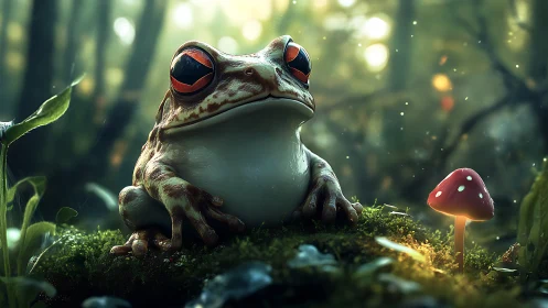 Whimsical forest frog gazes calmly beside a glowing mushroom