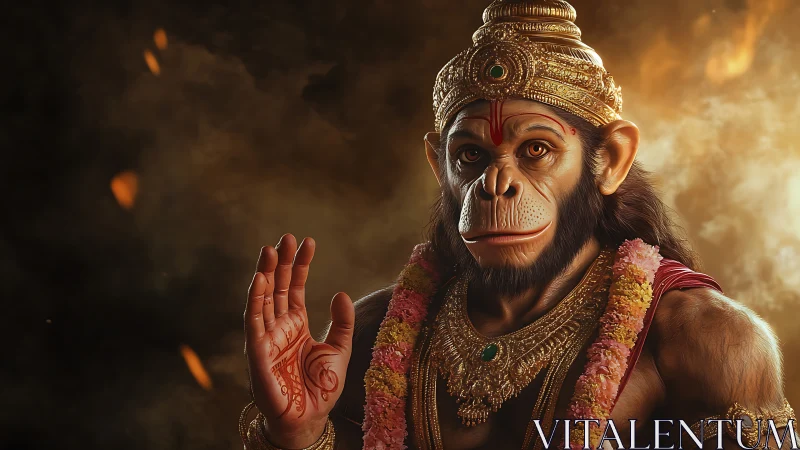 Divine monkey warrior raises blessing hand in gold armor