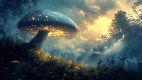 Luminous giant mushroom illuminates misty twilight forest