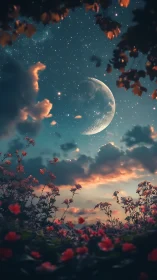 Crescent moon above flower field under star-filled evening sky.