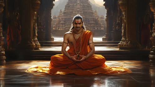 Meditating Hindu sage in ornate temple under cinematic light