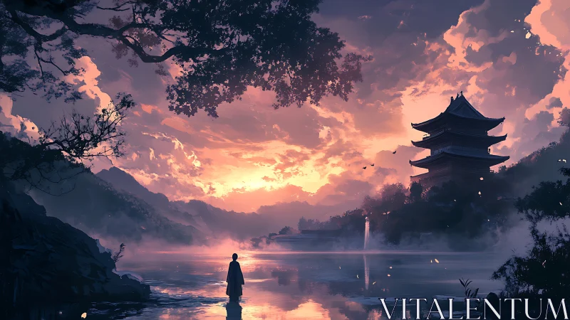 Monk surveys misty pagoda lake under blazing peach sky.