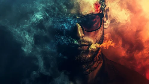 Bicolor neon smoke engulfs a cyber-noir portrait in hard contrast