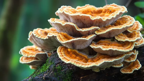 Glowing forest mushrooms unfolding like woodland sunsets.