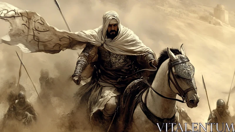 Desert horseman leads a determined charge through swirling sand.