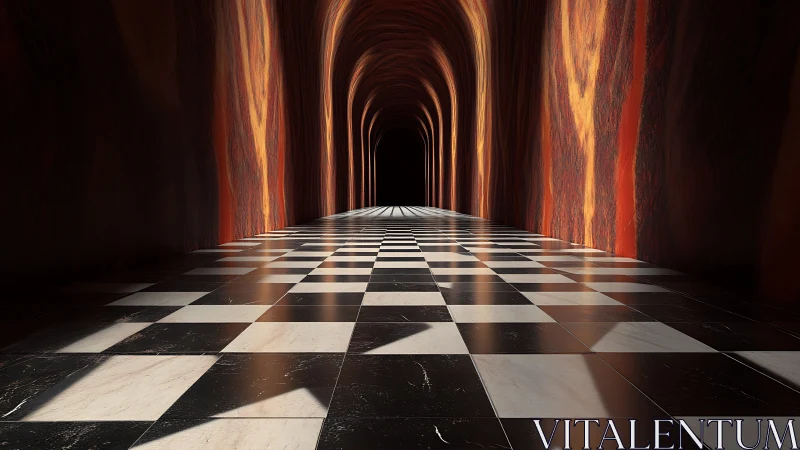 Checkerboard corridor receding into illuminated archway void.