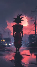 Silhouetted spiky haired figure on wet street at sunset.
