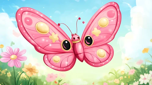 Pink cartoon butterfly with patterned wings in meadow.