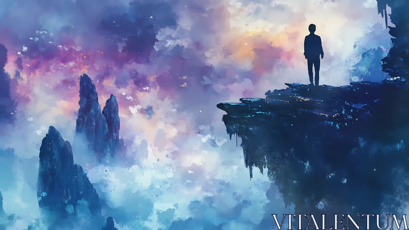 Solitary figure on cliff above misty mountainscape.