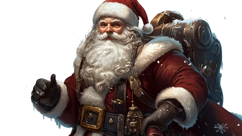 Jolly winter wanderer Santa with a pack full of wonder.