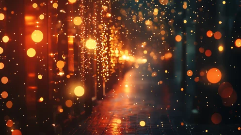 City alley glows with warm bokeh lights at night.