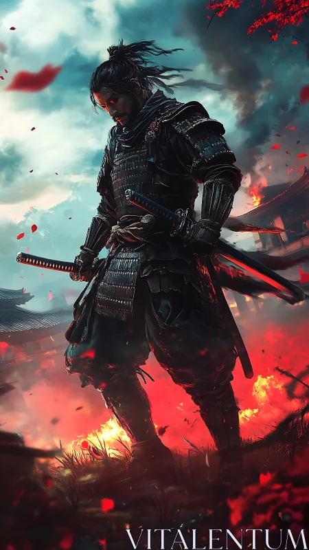 War-torn samurai amid blazing embers and stormy sky.