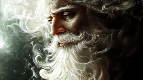 Whispering storm-beard curls into a contemplative cosmos