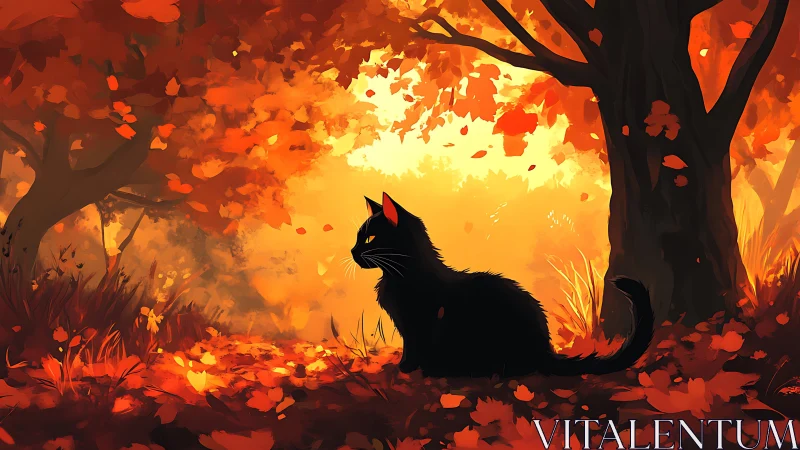 Black cat silhouette among autumn leaves and trees at golden hour.