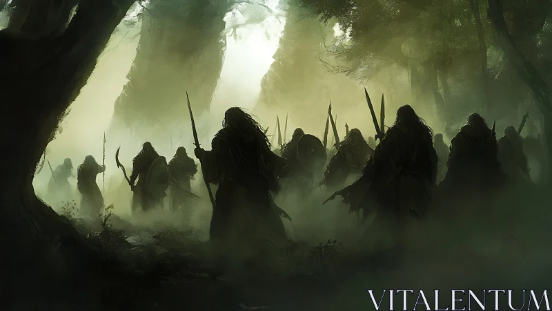 Hooded warriors advance through misty haunted forest at dawn.