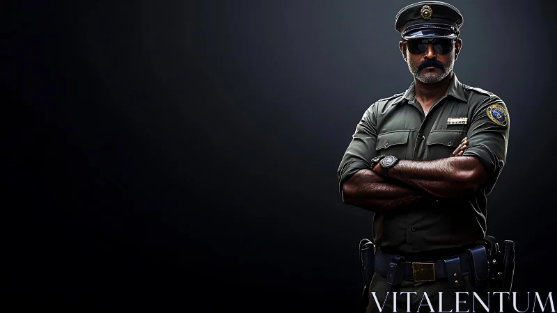 Stern uniformed officer stands against a dark dramatic backdrop