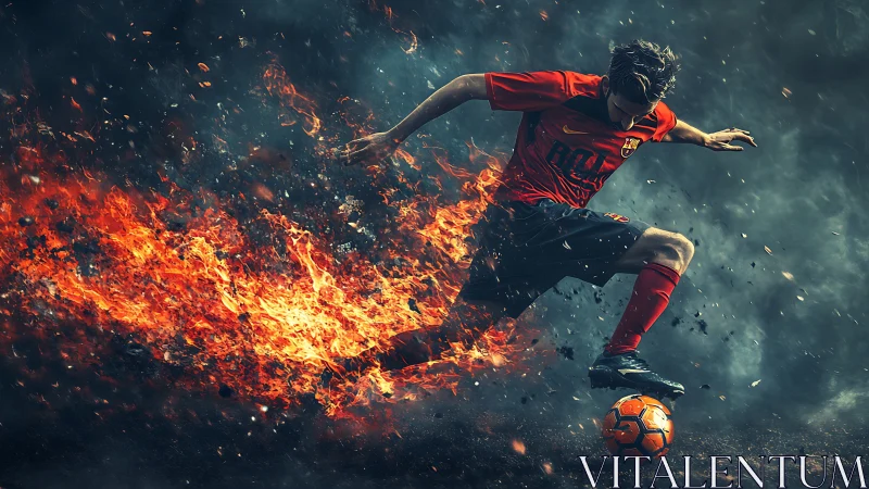 Soccer player mid-kick with stylized trailing fire effect.