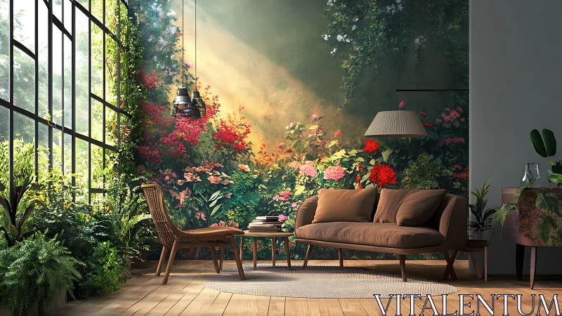 Sunlit living room with lush indoor garden wall mural.