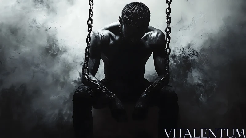 Silhouetted chained figure in high-contrast monochrome lighting