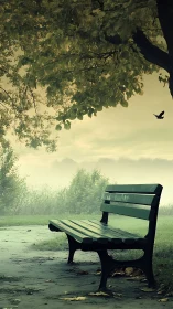 Quiet park bench wrapped in soft morning mist and leaves.