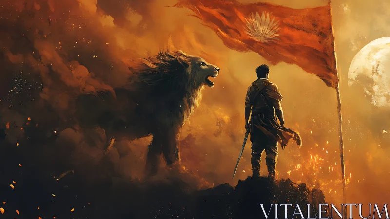 Warrior and lion stand beneath flag against lunar backdrop