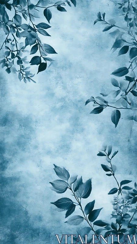 Cool blue botanical border with textured leaf silhouettes.