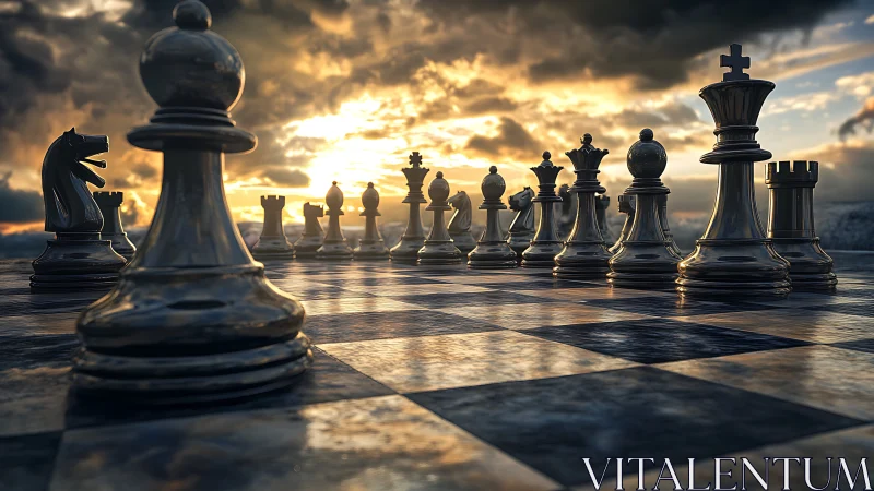 Metallic chess pieces on board under low sunset sky.