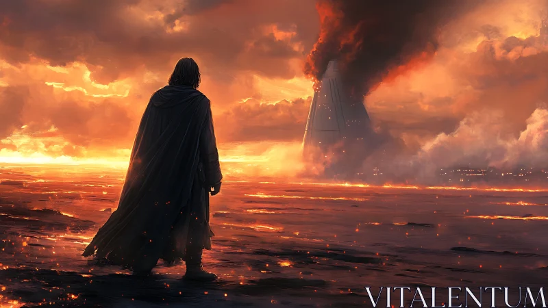 Lone cloaked wanderer surveys burning sci fi outpost