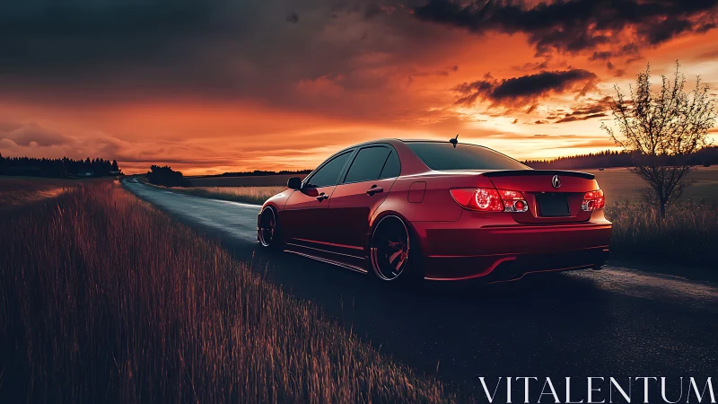 Red sports sedan glows against fiery sunset sky on highway.