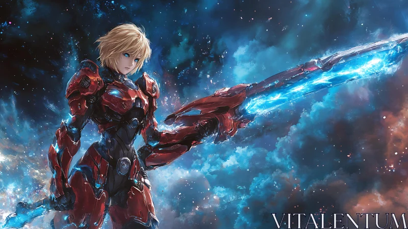 Cybernetic space warrior with luminous energy blade poised.