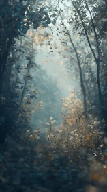 Misty Forest Path Through Golden Blooms.