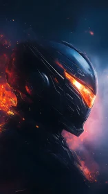 Molten visor mecha warrior amid drifting embers at dusk.