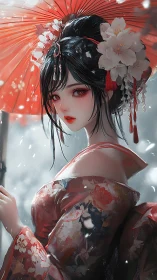 Graceful geisha gazes softly beneath a vibrant red umbrella
