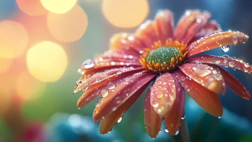 Gerbera Daisy with Prismatic Water Droplets and Bokeh Illumination.