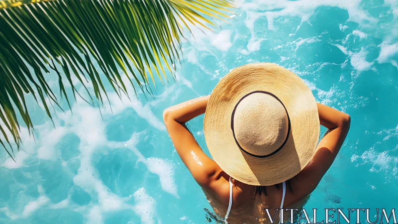 Overhead poolside composition showing sunlit swimmer and straw hat