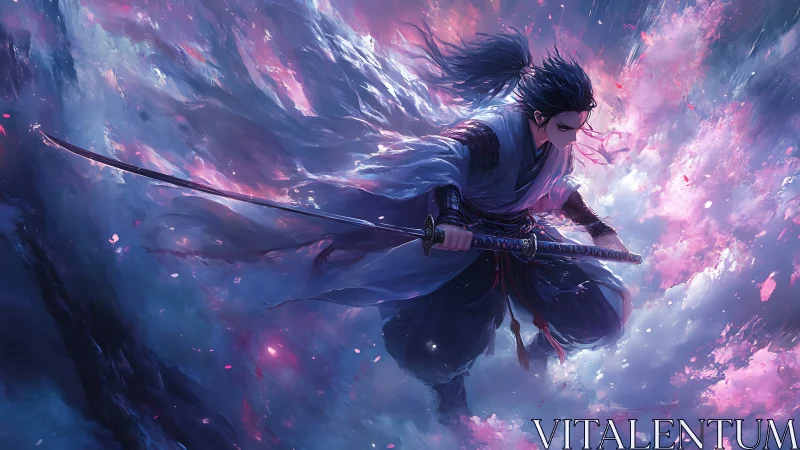 Samurai swordsman stands amid swirling pink and blue clouds