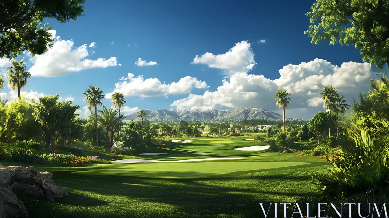 Sunlit tropical golf fairway welcomes a peaceful morning round