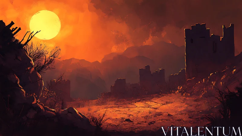 Ruined fortress under large sun on a barren red plain.