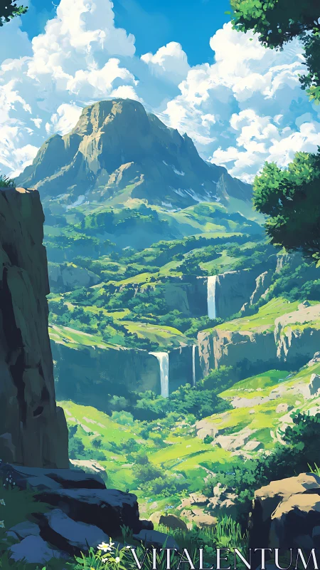Sunlit alpine valley with cascading waterfalls rendered digitally