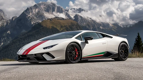 Mountain road whispers while a striped supercar prowls below