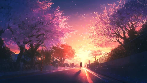 Sunset promenade under luminous pink cherry blossoms.