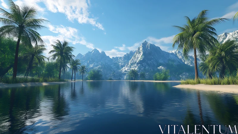 Alpine Lake Landscape with Mountainous Terrain and Tropical Vegetation.