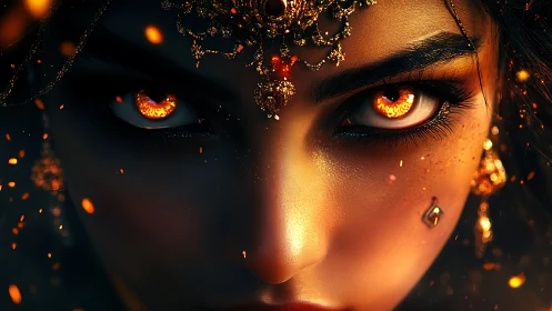 Fiery-eyed goddess portrait with jeweled headpiece and embers.