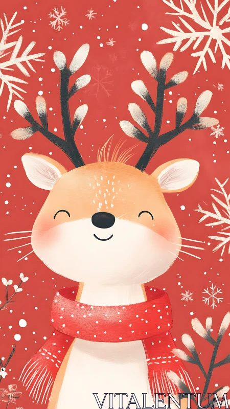Smiling cartoon reindeer in scarf on red snowy background.